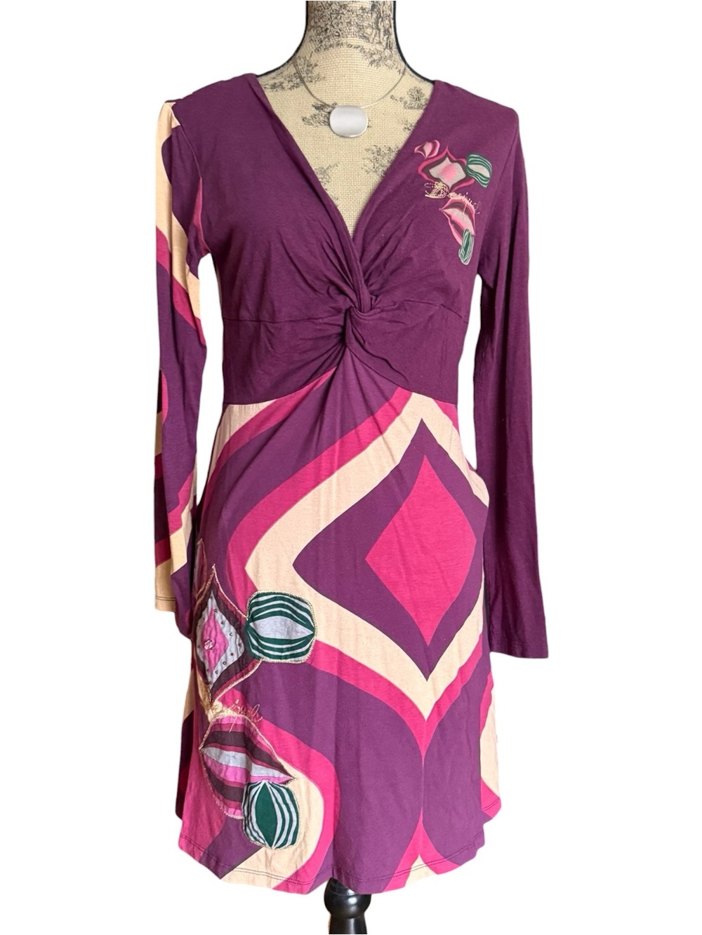 Desigual Purple Knot-Front Long Sleeve Print Dress Size XL